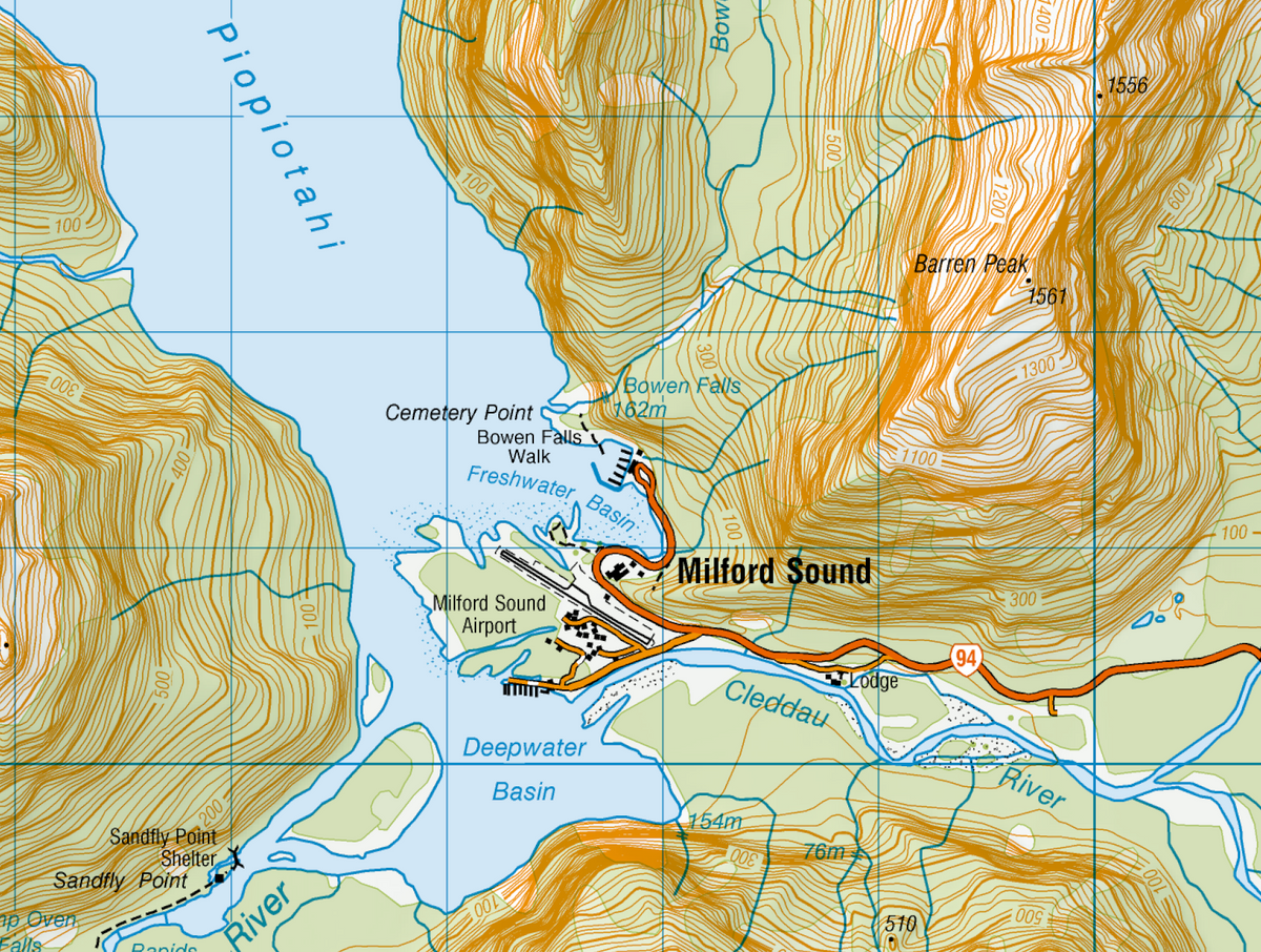 A close up of a Milford Sound and Darran Mountains Wall Map