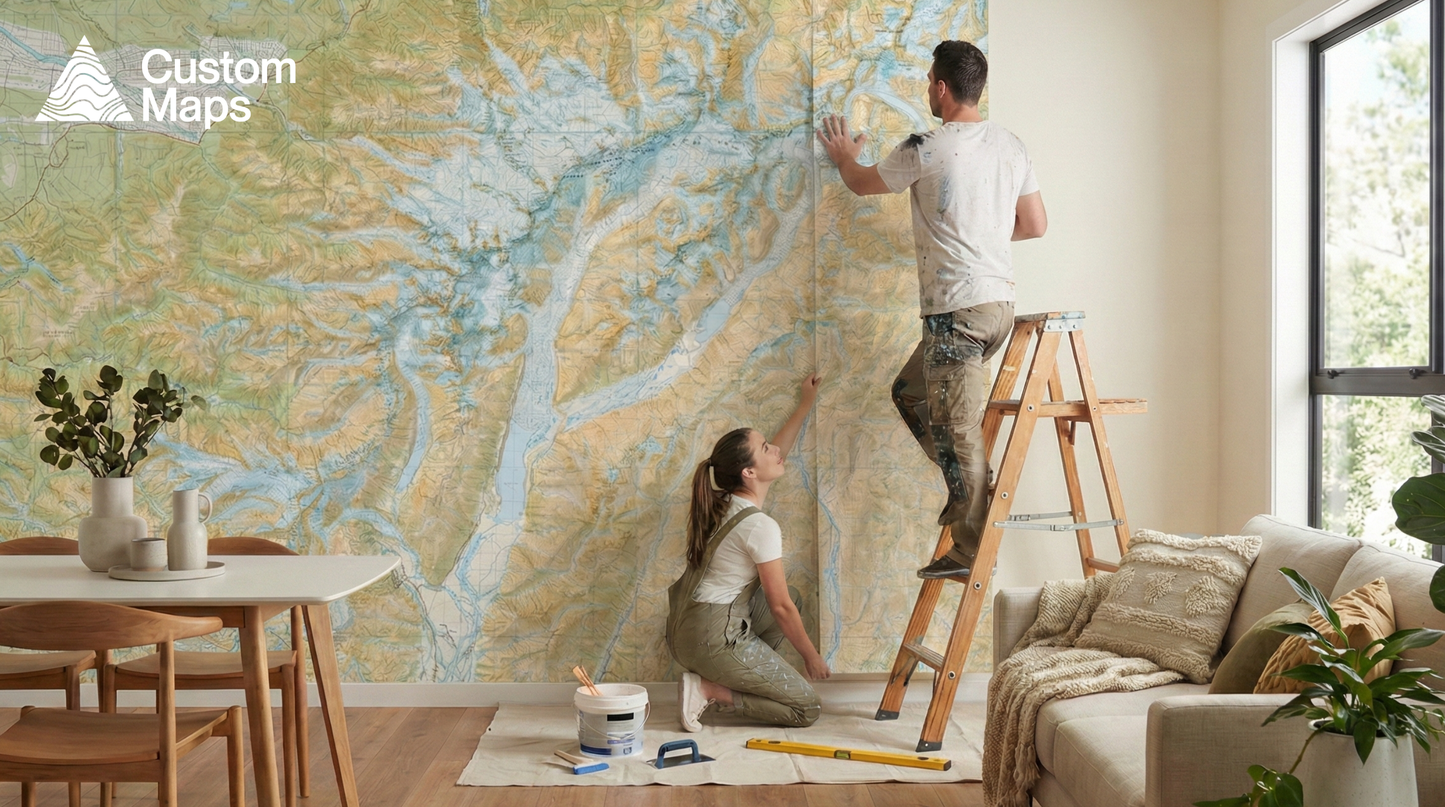 Two people working on a large map wallpaper map in a living room.