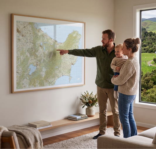 Family looking at a map of New Zealand in a room with a large window showing a scenic view.