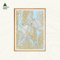 A framed topographical map print of Twizel, Omarama, Ōhau & Benmore.