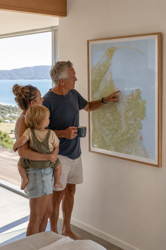 Family looking at a map of Golden Bay and Abel Tasman, New Zealand, on a wall