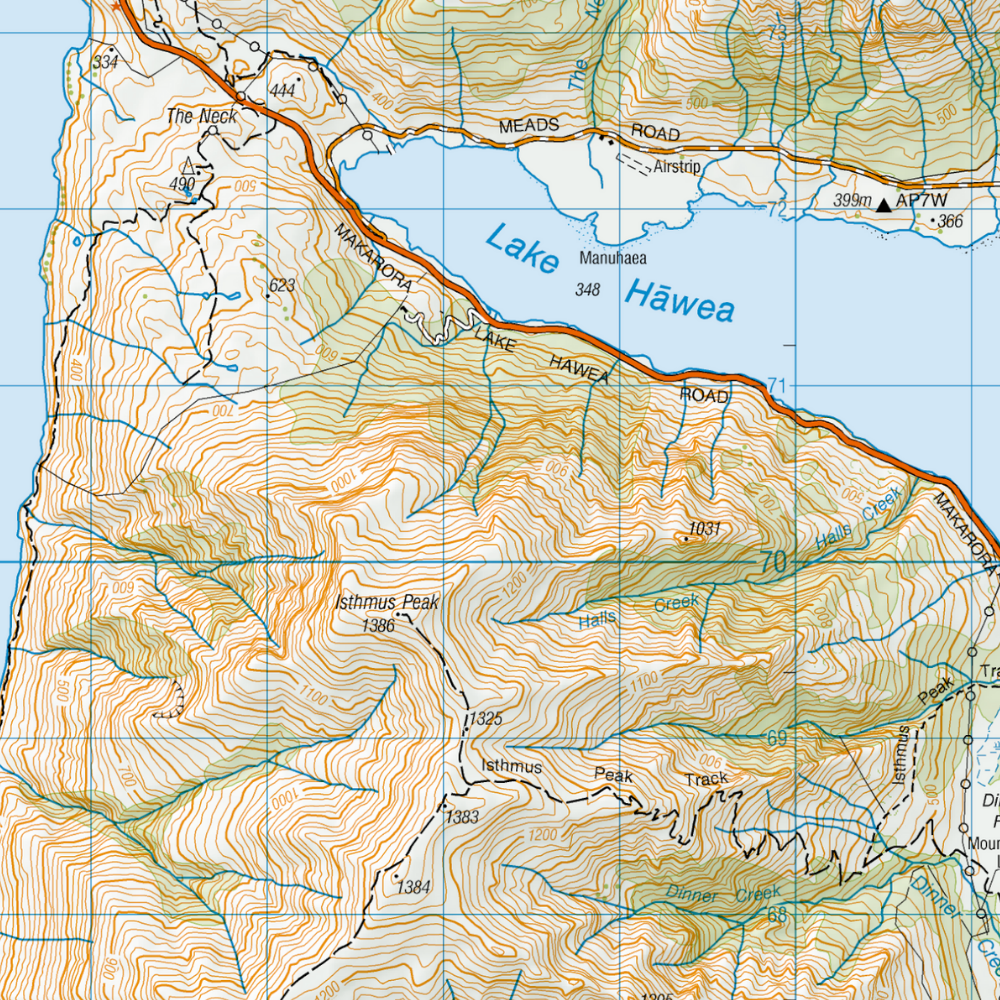 Topographic map of Hawea and surrounding areas.