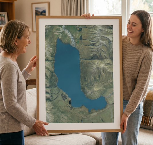 Two women holding a framed aerial map of Lake Ohau in a living room.