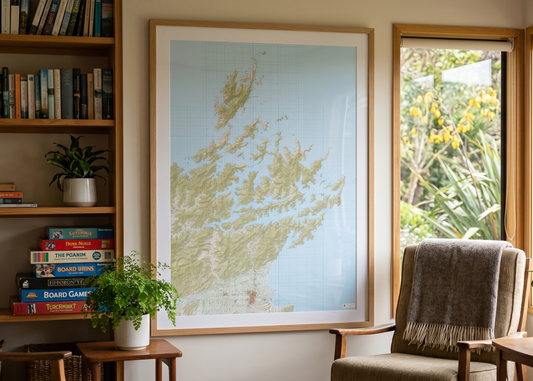 Living room with bookshelf, framed map, and chair by a window