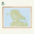 Map of Stewart Island and the Rakiura track with a wooden frame on a white background.