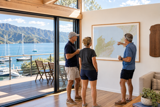 Wall Map of the Cook Straight, being enjoyed by three people at a sailing club in New Zealand