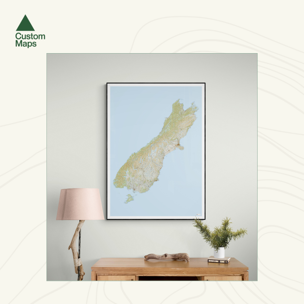 Framed map of New Zealand's South Island