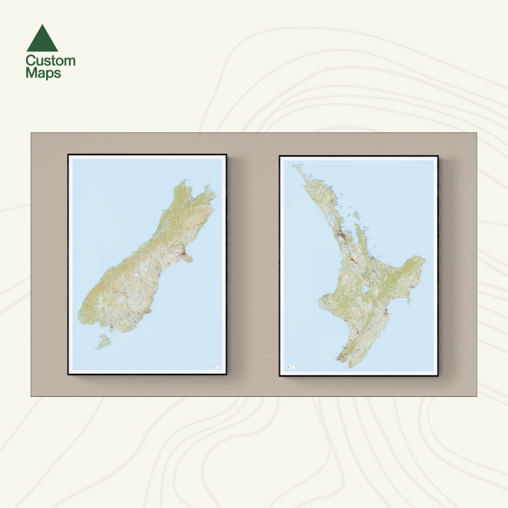 Two framed maps of New Zealand on a light background with 'Custom Maps' logo.