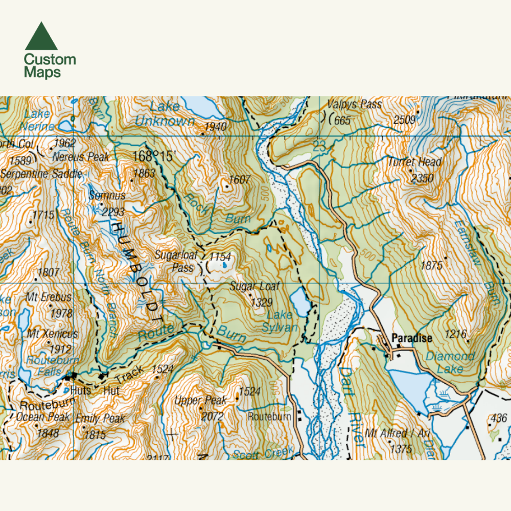 Topographic map with various mountain peaks and trails labeled around Glenorchy and the Routeburn