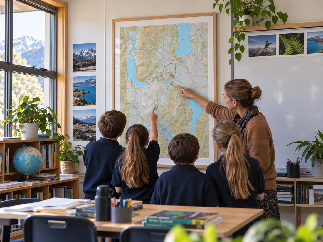 Teacher and students at a large topographic wall map in a New Zealand classroom
