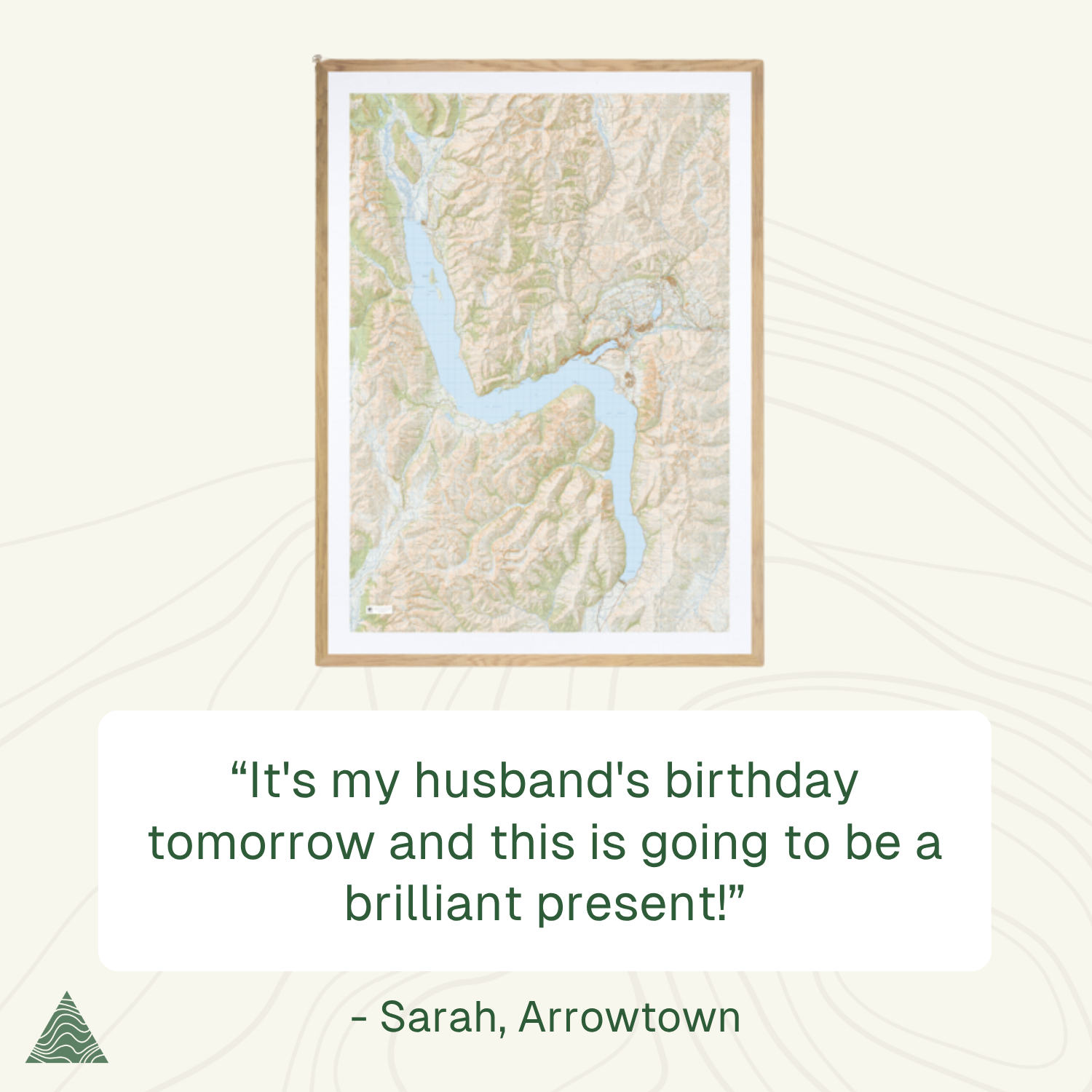 Framed topographic map with a quote about a birthday gift from Sarah, Arrowtown.