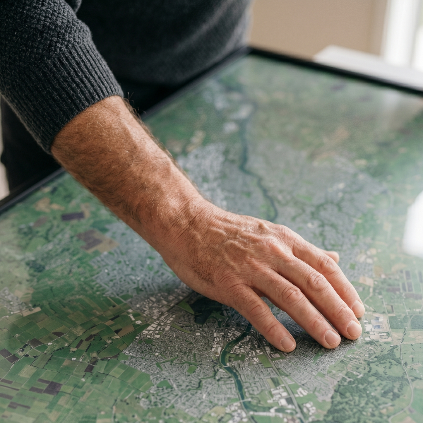 Hand touching a detailed map aerial of on a table