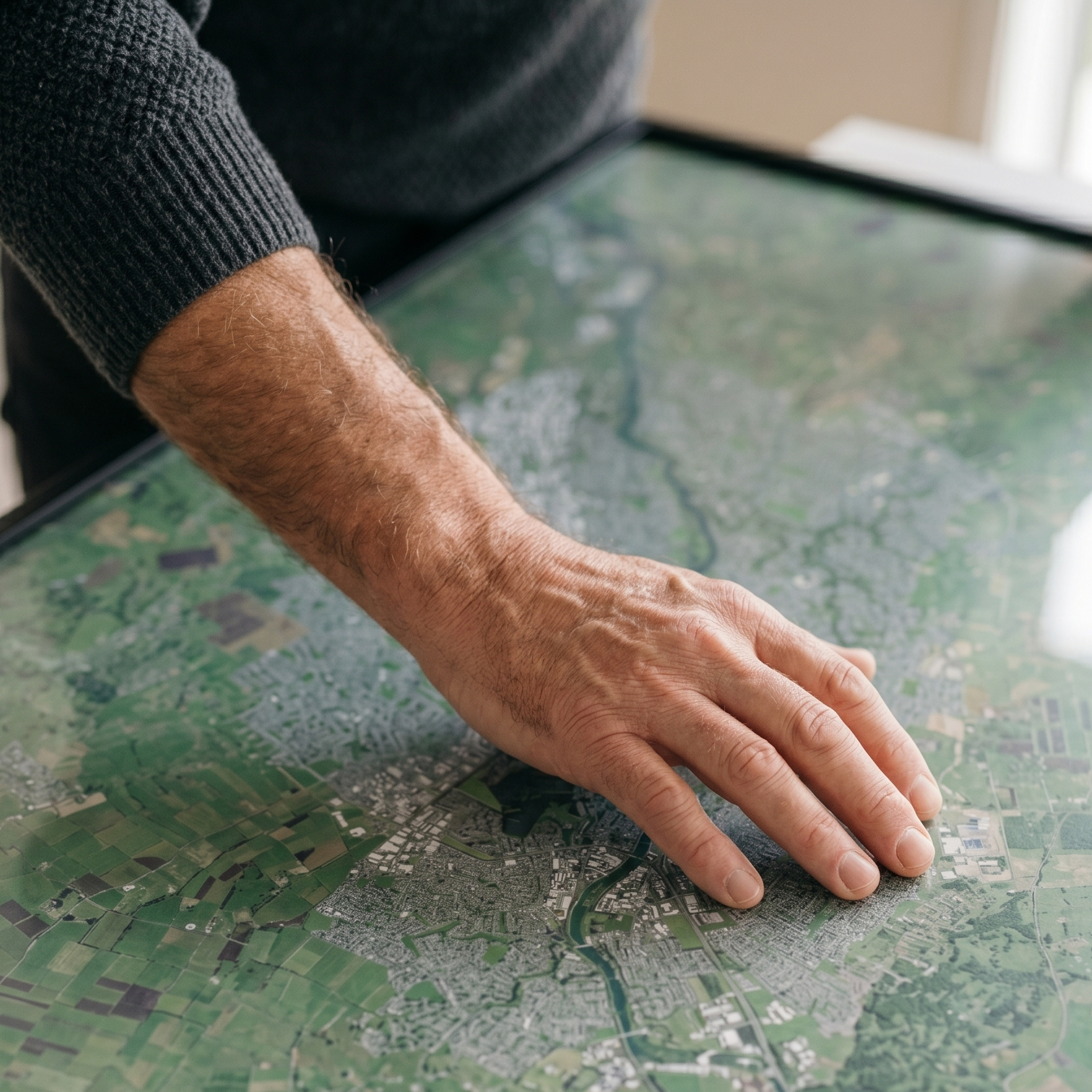 Hand touching a detailed map aerial of on a table