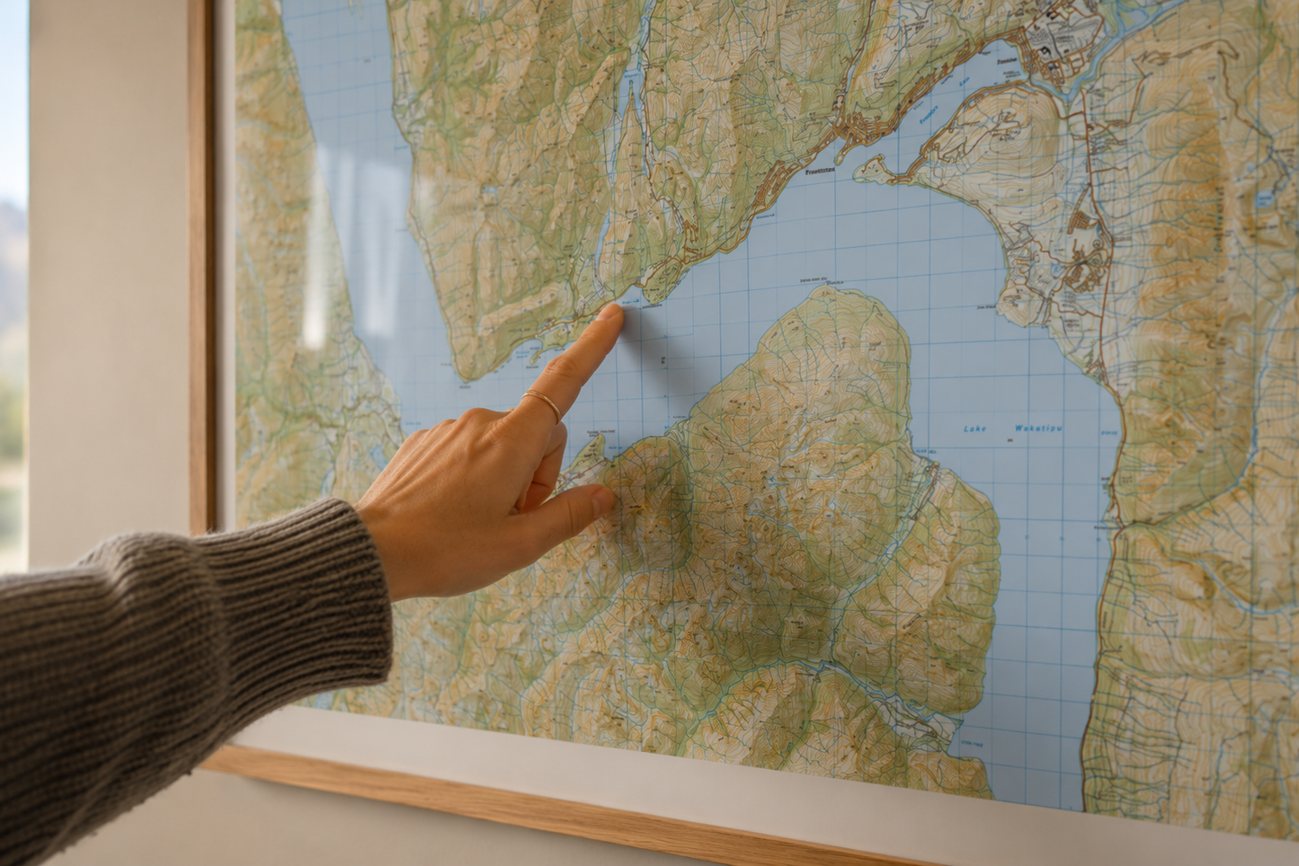 Hand pointing at a map of Queenstown and Arrowtown