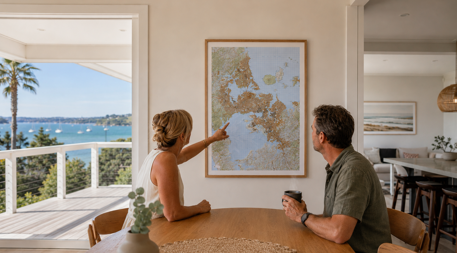 Two people sitting at a table looking at a framed map of Auckland on the wall, overlooking a scenic view of Auckland