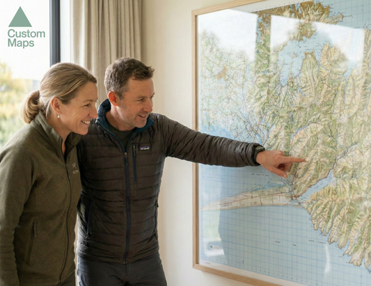 Two people looking at a framed map of Banks Peninsula