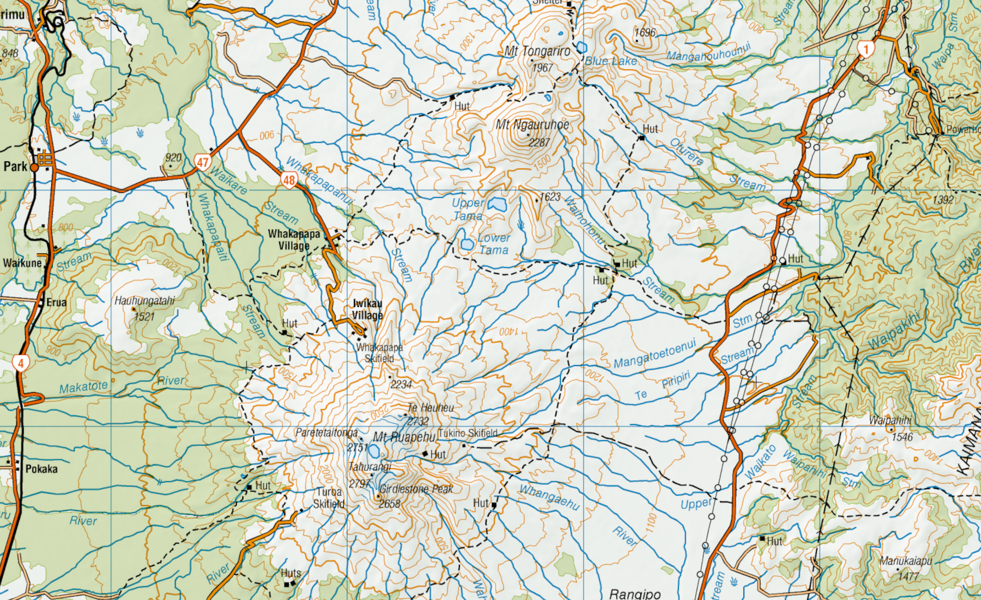 Close up of a map of the central North Island