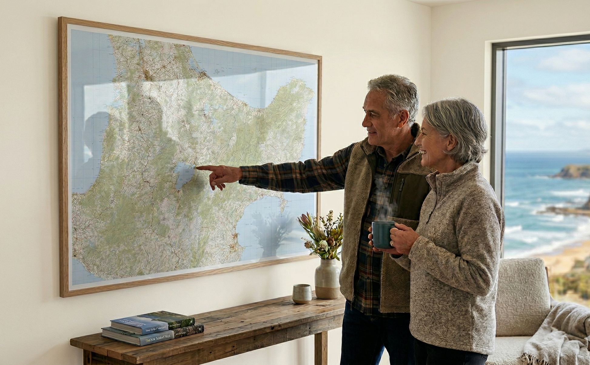 Man and woman looking at a map of the central North Island of New Zealand  in a living room with a view of the ocean.