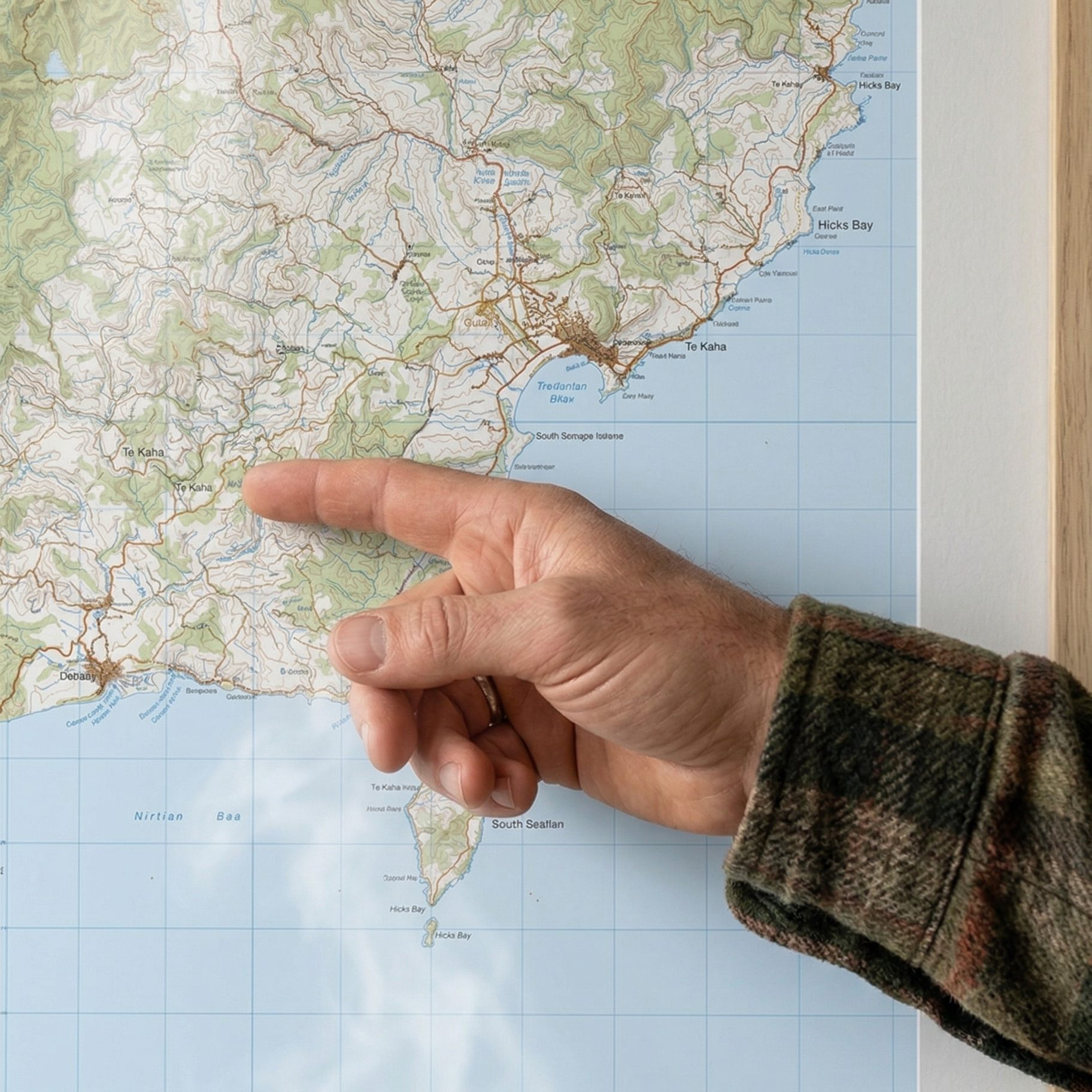 Hand pointing to a map of the eastern North Island with a steaming mug in the foreground