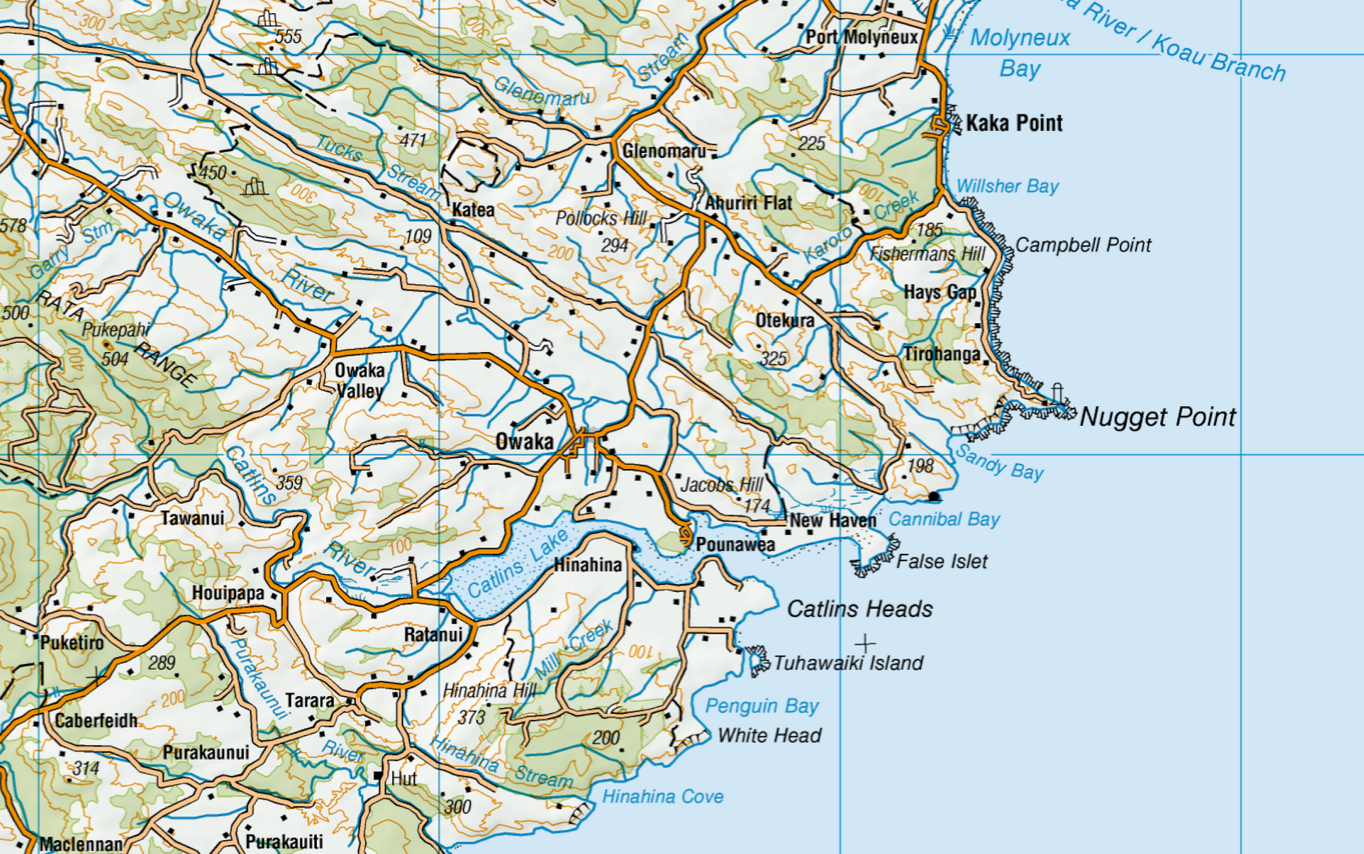 Map of a coastal area with roads, towns, and geographical features.