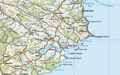 Map of a coastal area with roads, towns, and geographical features.