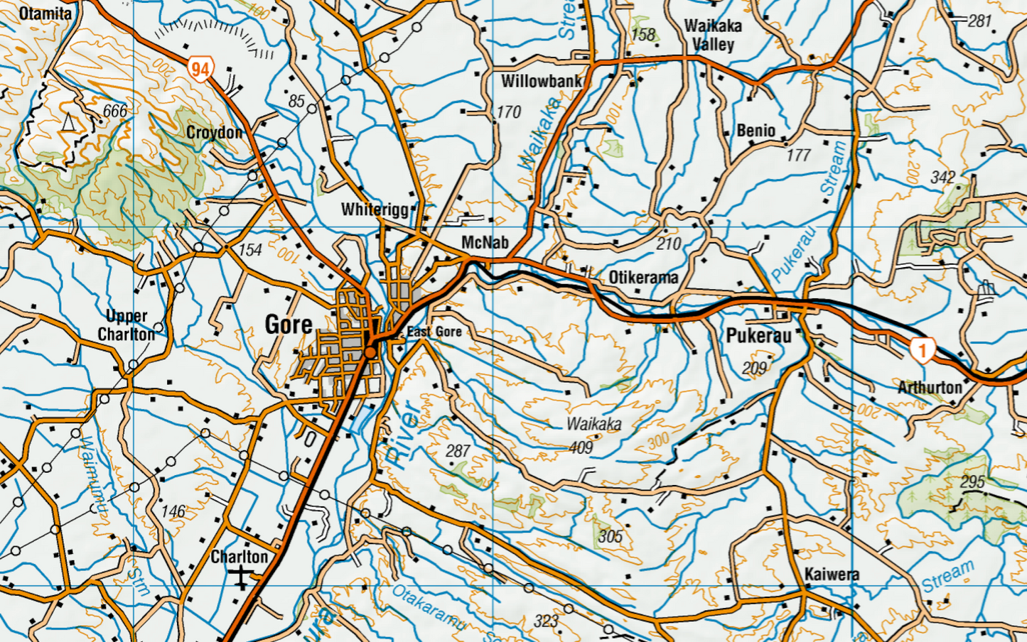 Topographic map of a Southland area