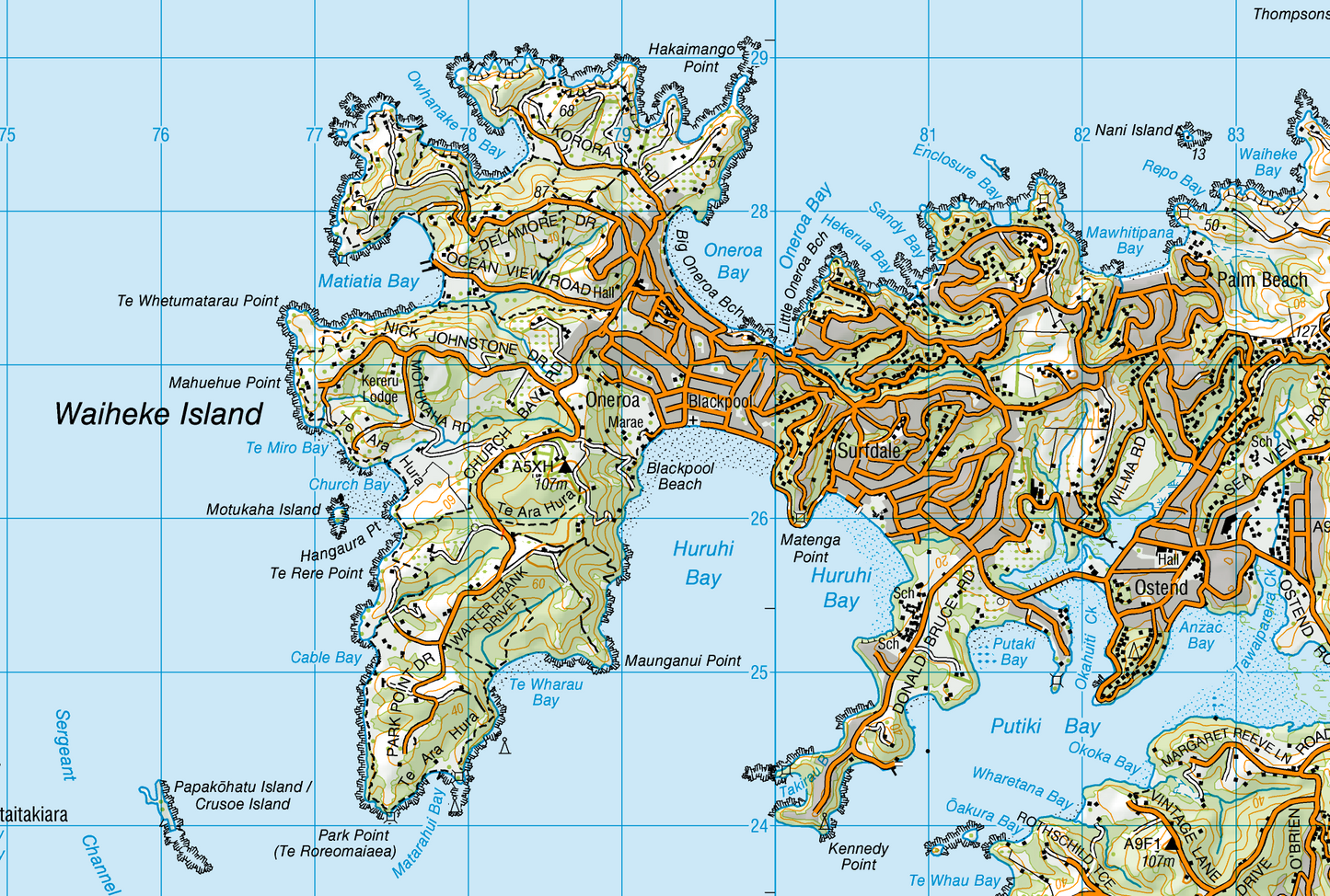Map of Waiheke Island with roads and topography