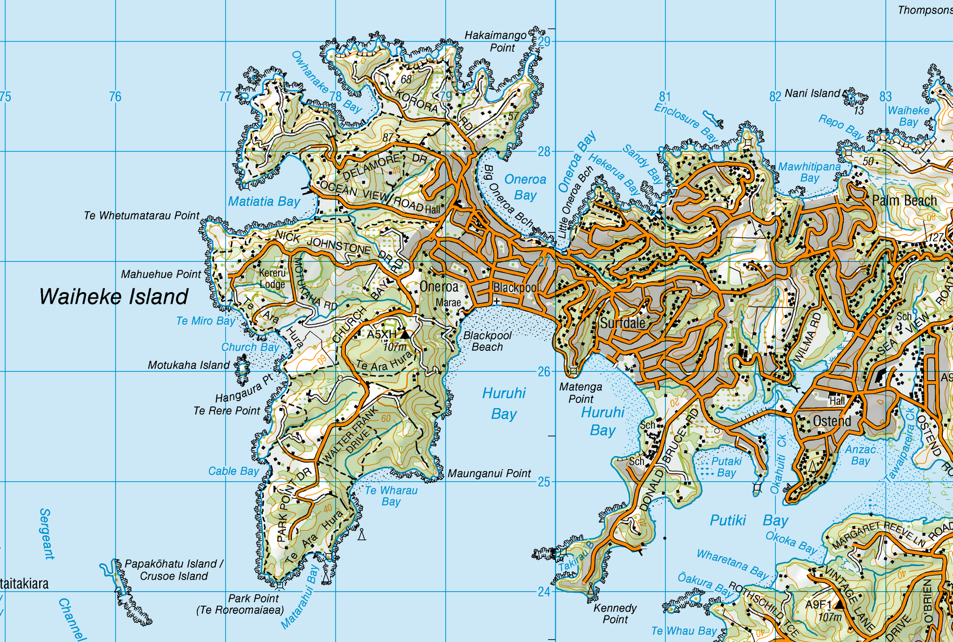 Map of Waiheke Island with roads and topography
