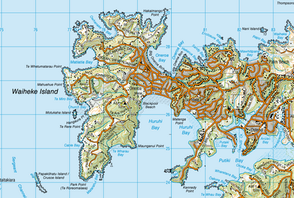 Map of Waiheke Island with roads and topography
