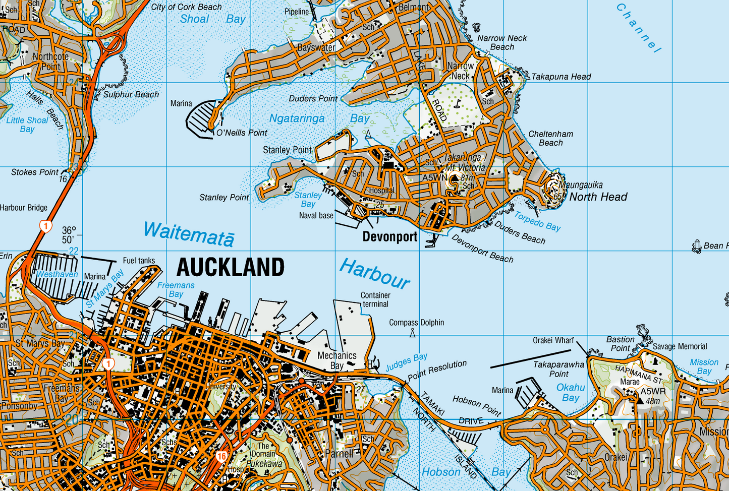 Map of Auckland with detailed road networks and geographical features