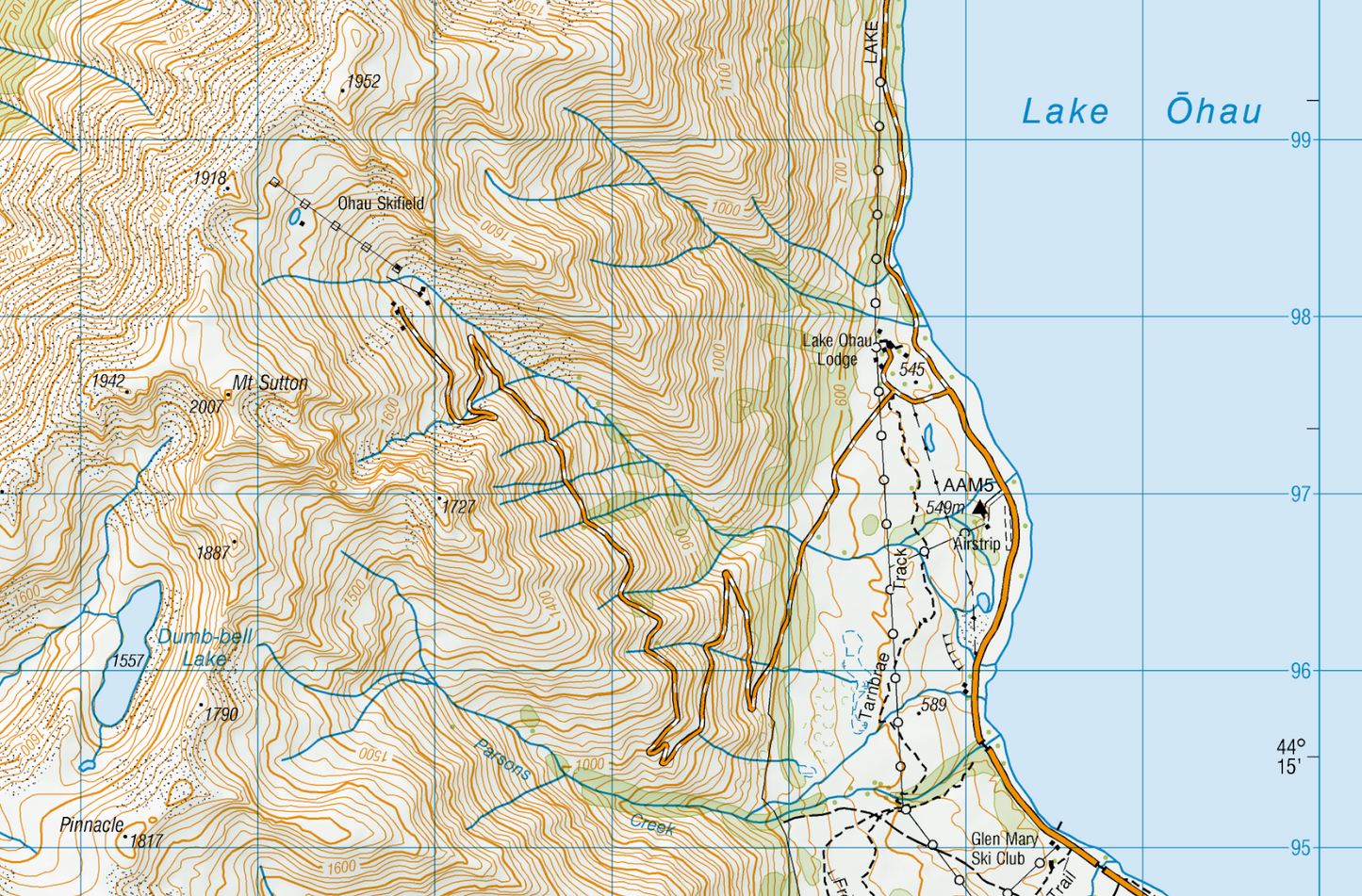 Topographic map of a coastal area with Lake Ōhau