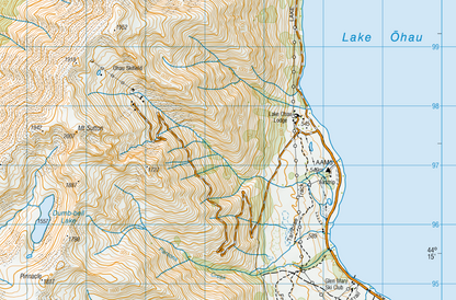 Topographic map of a coastal area with Lake Ōhau
