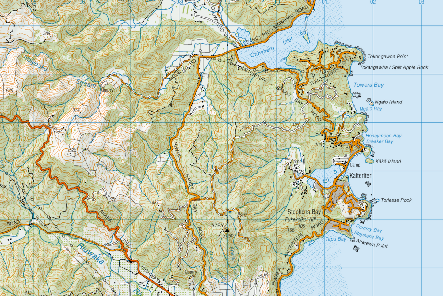 Topographic map of a coastal region with various labels and boundaries.