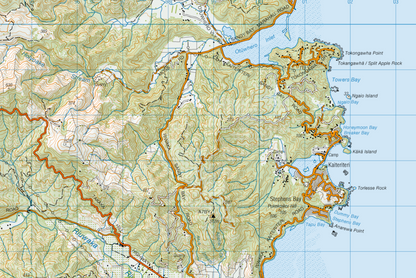 Topographic map of a coastal region with various labels and boundaries.