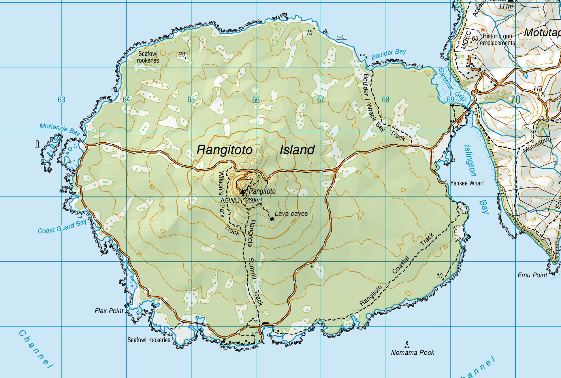 Map of Rangitoto Island with geographical features labeled.