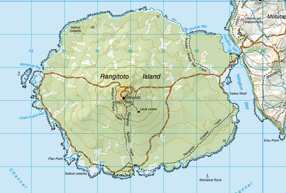 Map of Rangitoto Island with geographical features labeled.