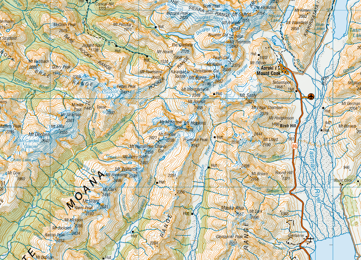 Topographic map of a mountainous region with labels and boundaries.