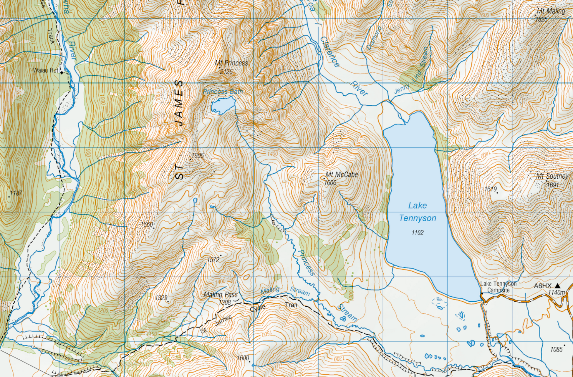 Topographic map of a mountainous region with labeled features