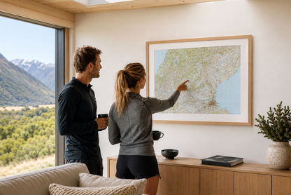 Two people in a modern living room pointing at a framed map of the Coast to Coast race in New Zealand.