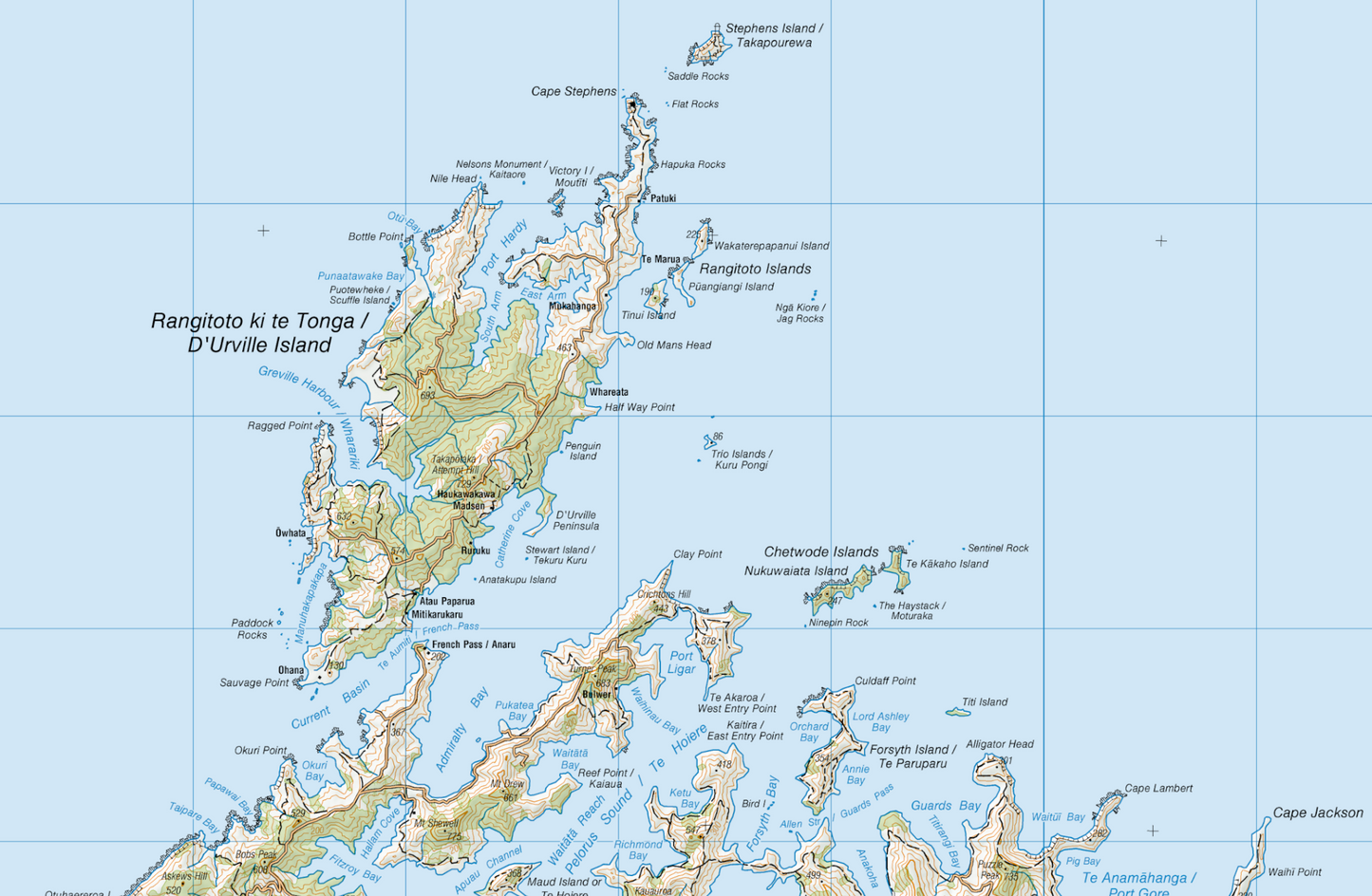 Map of D'Urville Island and surrounding areas with labels and geographical features.