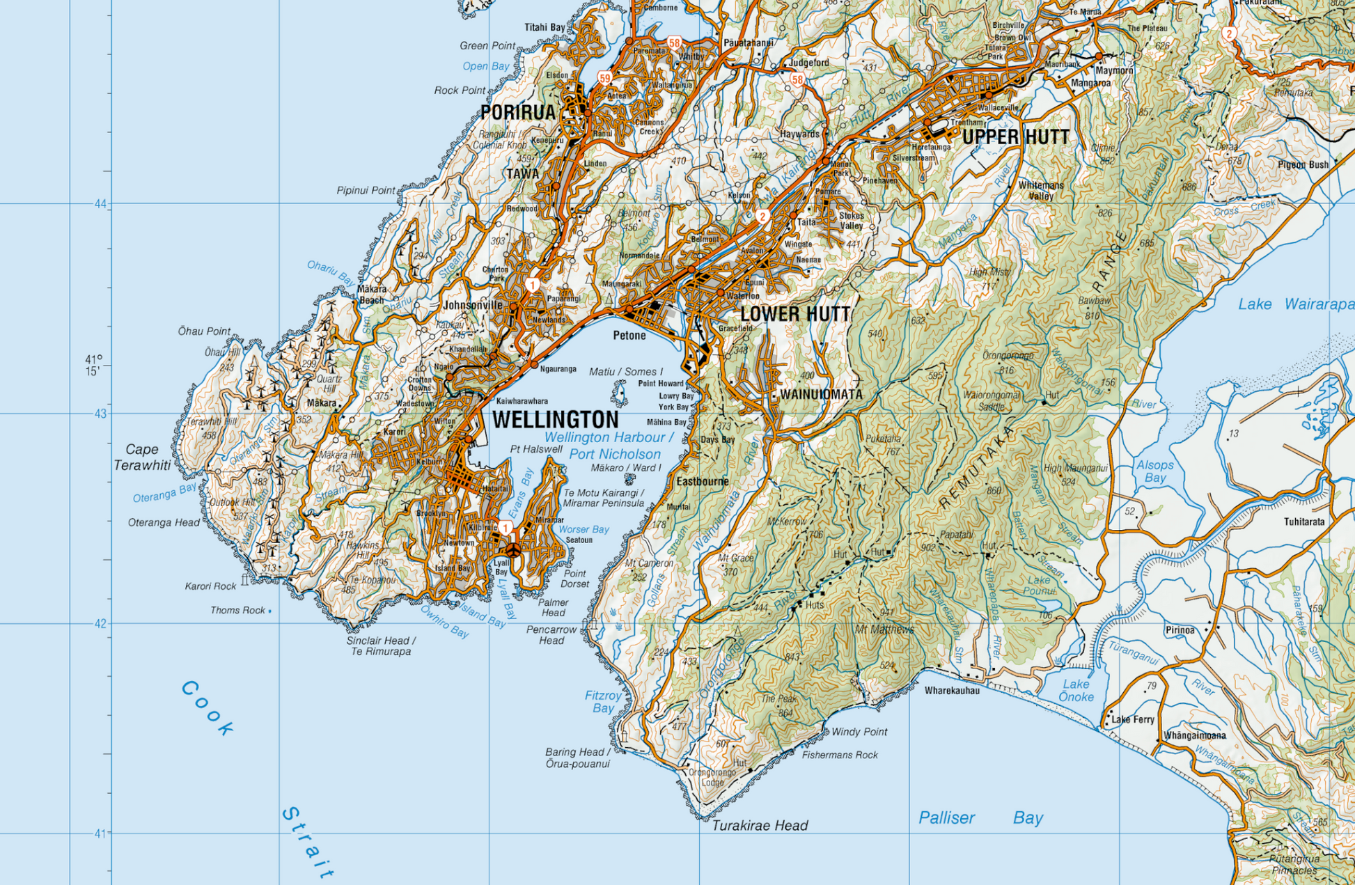 Map of Wellington region with topographic details