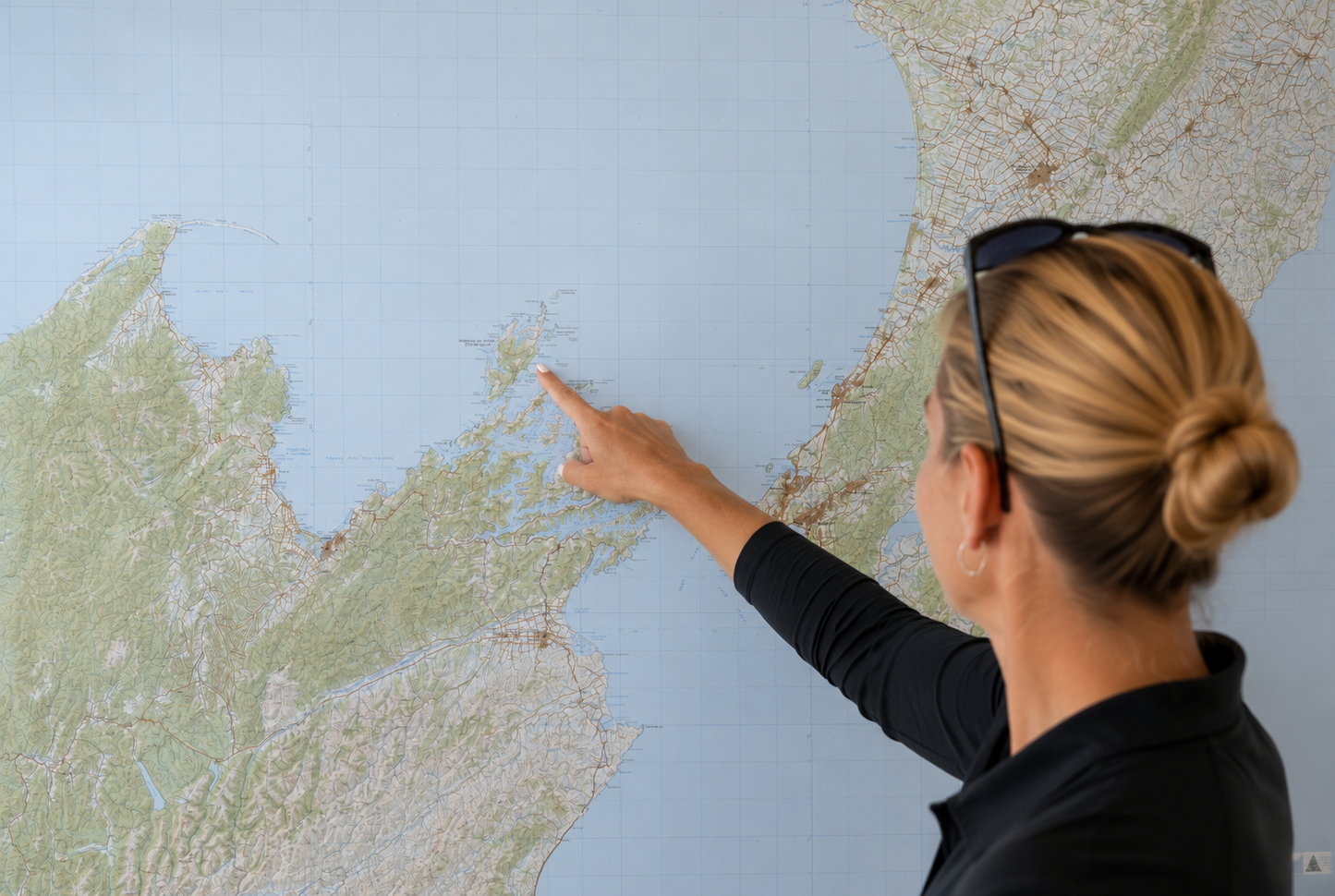 Woman pointing at a map of the Cook Straight a wall