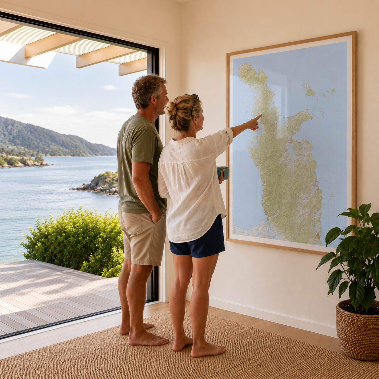 Two people looking at a map of the Coromandel
