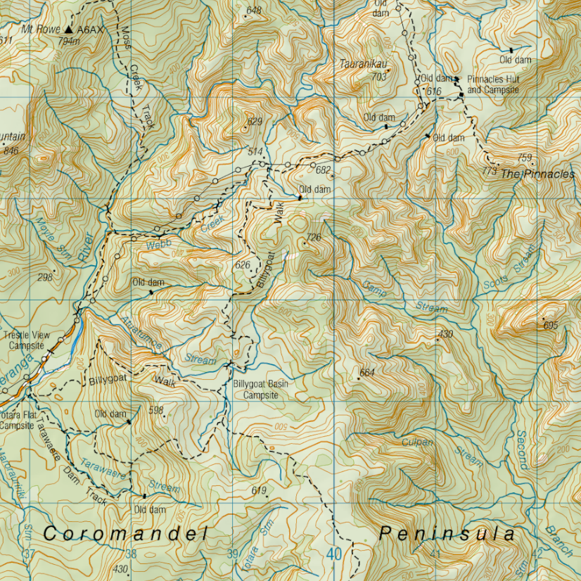 Topographic map of the Coromandel Peninsula with various geographical features labeled.