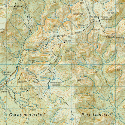 Topographic map of the Coromandel Peninsula with various geographical features labeled.