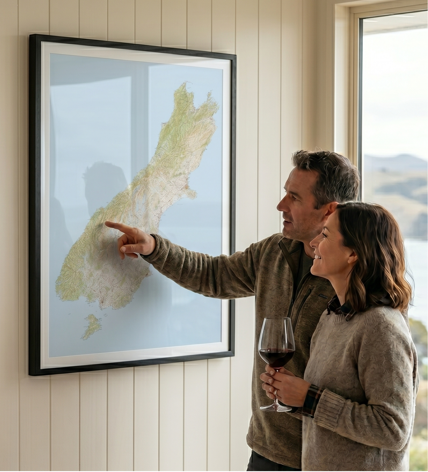 Man and woman looking at a framed map of New Zealand's South Island in a room with a scenic view.