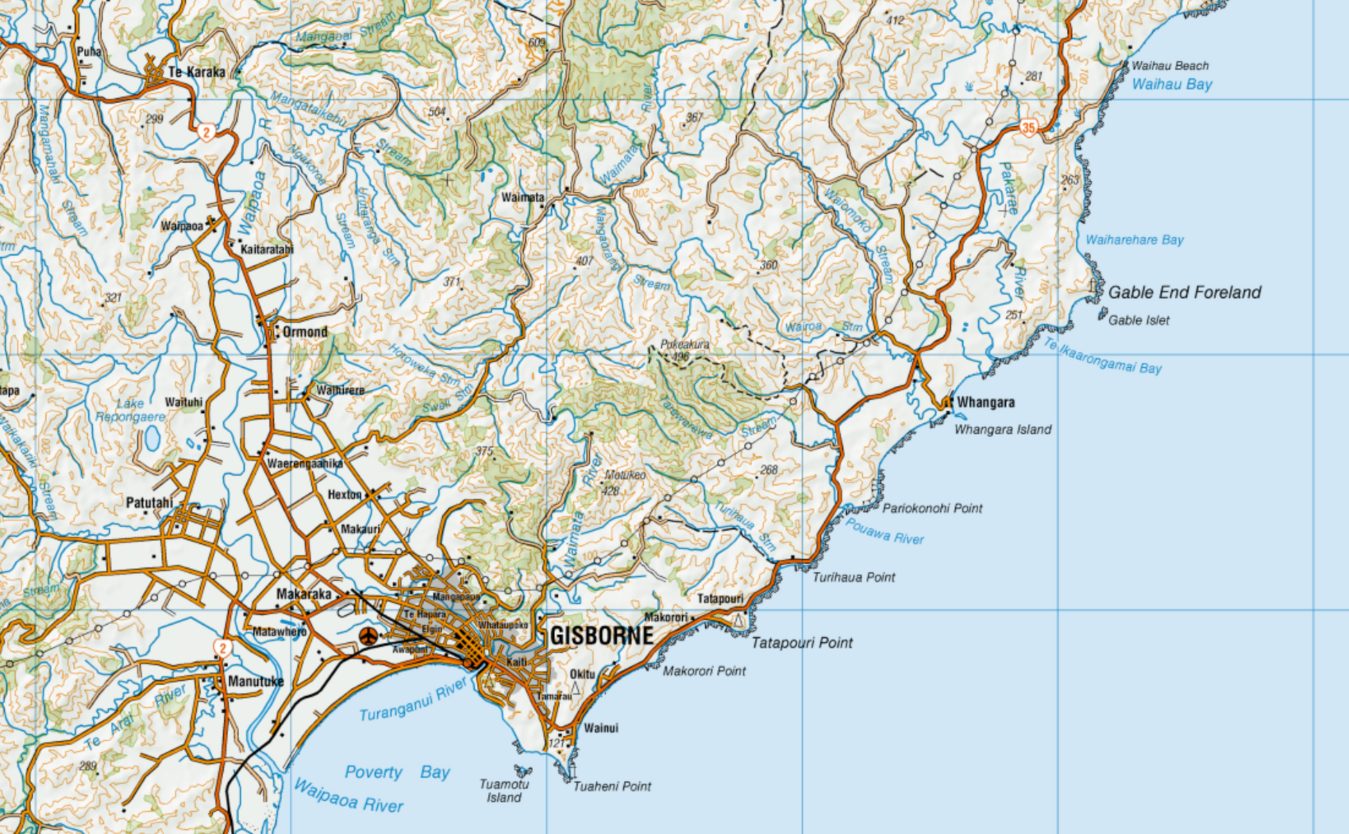 Close up of Eastern Cape map showing Gisborne and surrounding areas with roads and geographical features.