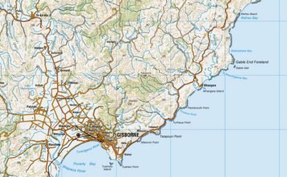 Close up of Eastern Cape map showing Gisborne and surrounding areas with roads and geographical features.