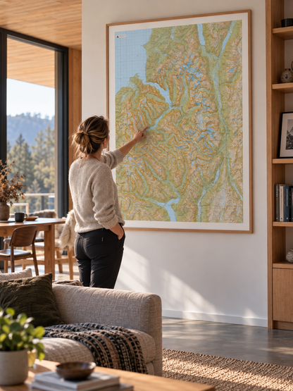 A lady looking at a Milford Sound and Darran Mountains Wall Map