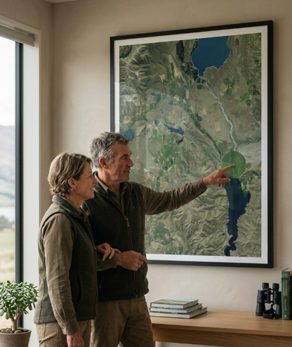 Two people looking at a large framed farm map of a landscape in a room with a window.